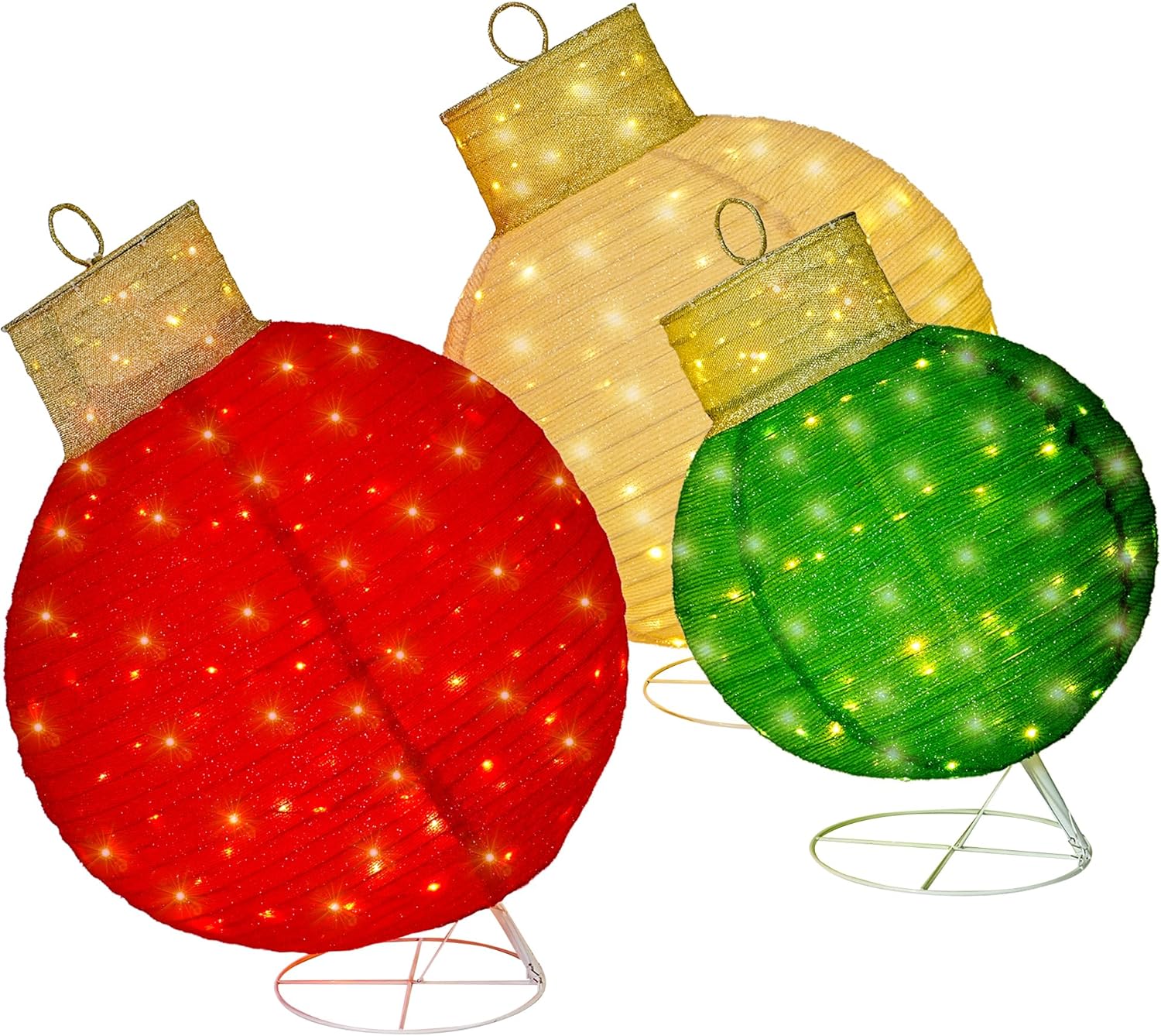FOOWIN 3pc 3FT Lighted Pop-Up Outdoor Christmas Ornament Set, Large Holiday Ball Decorations with 270 LED Lights, for Yard & Outdoor Christmas Decor, Easy to Setup- Red/Gold/Green