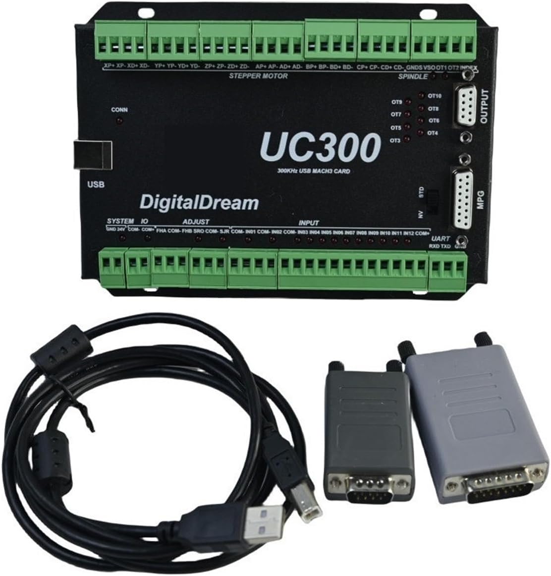 CNC Controller, USB CNC Motion Controller Card UC300 3/4/5/6 Axis CNC Controller Breakout Board 300KHz 24VDC,Compatibility(UC300-3Axis)