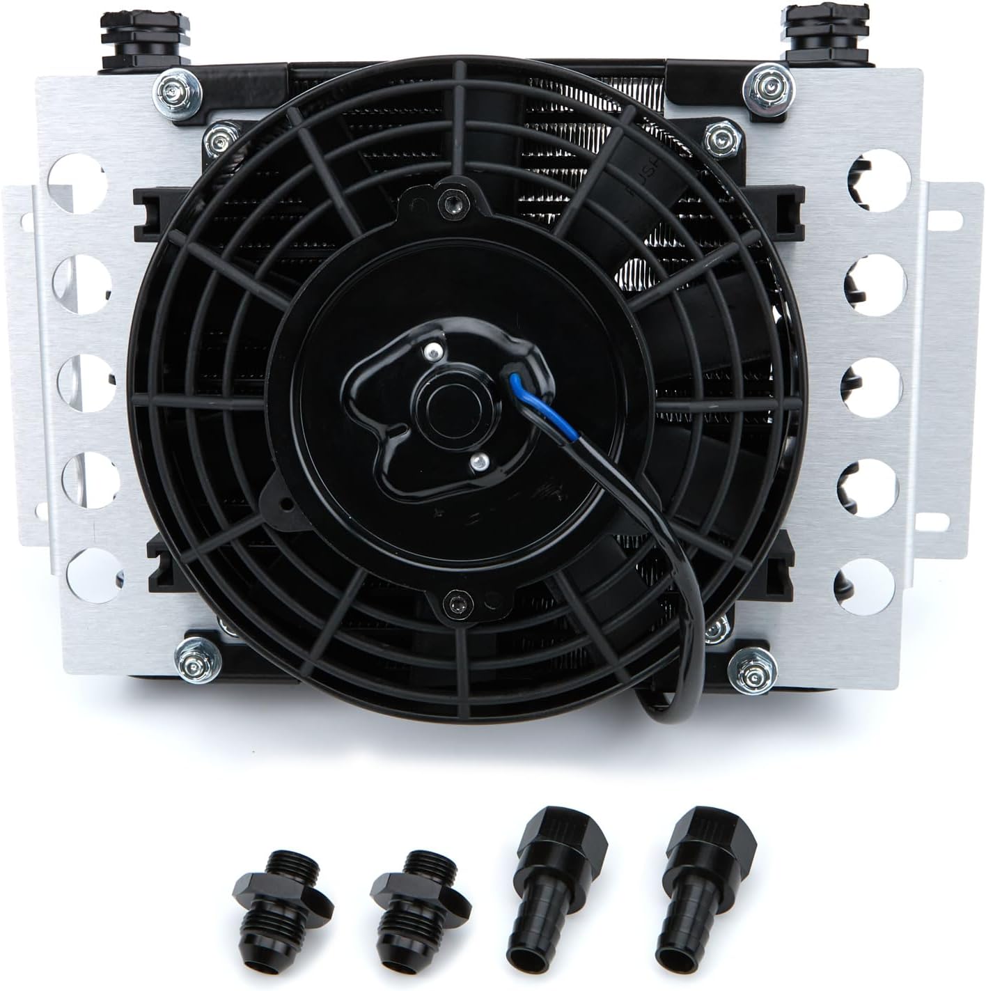 Derale Fluid Cooler and Fan, 12.75 x 9.375 x 4.313 in, Plate and Fin Type, 5/8-18 in Female O-Ring Inlet/Outlet, 8 AN Male Adapters, Fittings, Aluminum, Black Powder Coat, Universal, Each