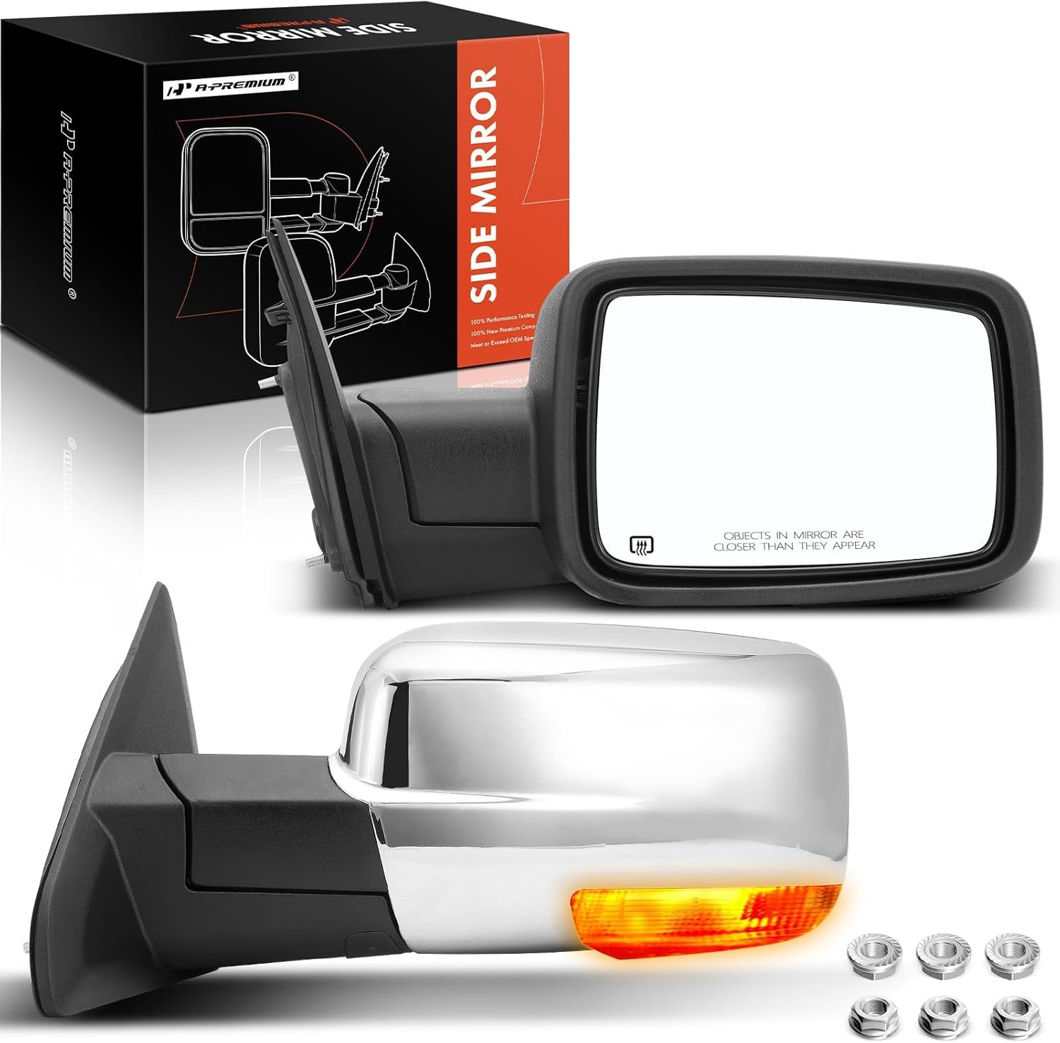 A-Premium Towing Mirrors Compatible with Ram & Dodge Models, 1500 2500 3500 4500 5500, 2009-2018, Power Folding Heated Chrome, with Power Glass Turn Signal Puddle Light Temperature Sensor, Pair Set