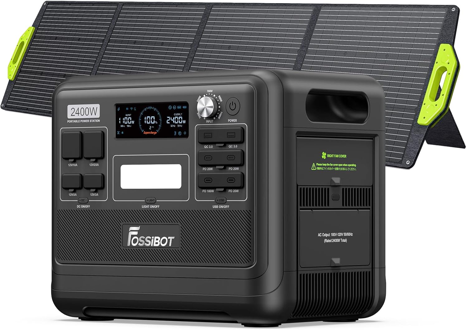 FOSSIBOT Portable Power Station F2400,2048Wh LiFePO4 Battery with 6×2400W(Surge 4800W),1.5H Fast Full Charging with LED Flashlight,Solar Generator for Home Use Camping RV Emergency