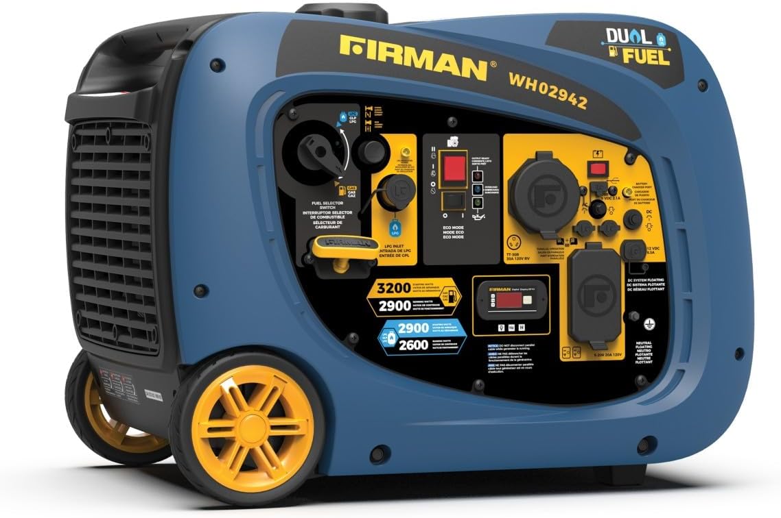 FIRMAN WH02942 Dual Fuel Inverter Portable Generator, 3200W Electric Start, Quiet 58 dB, 1.8-Gallon Tank, 9 Hrs Runtime, Wheel Kit, RV-Ready, Ideal for Camping, Tailgating & Outdoor Recreation