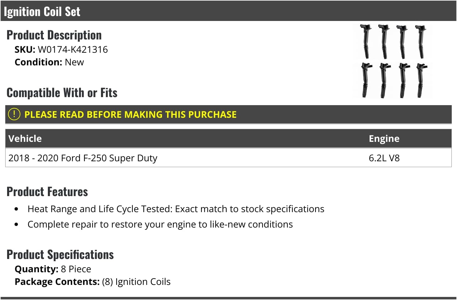 Ignition Coil Kit - 8 Piece - Compatible with 2018-2020 Ford F-250 Super Duty 6.2L V8