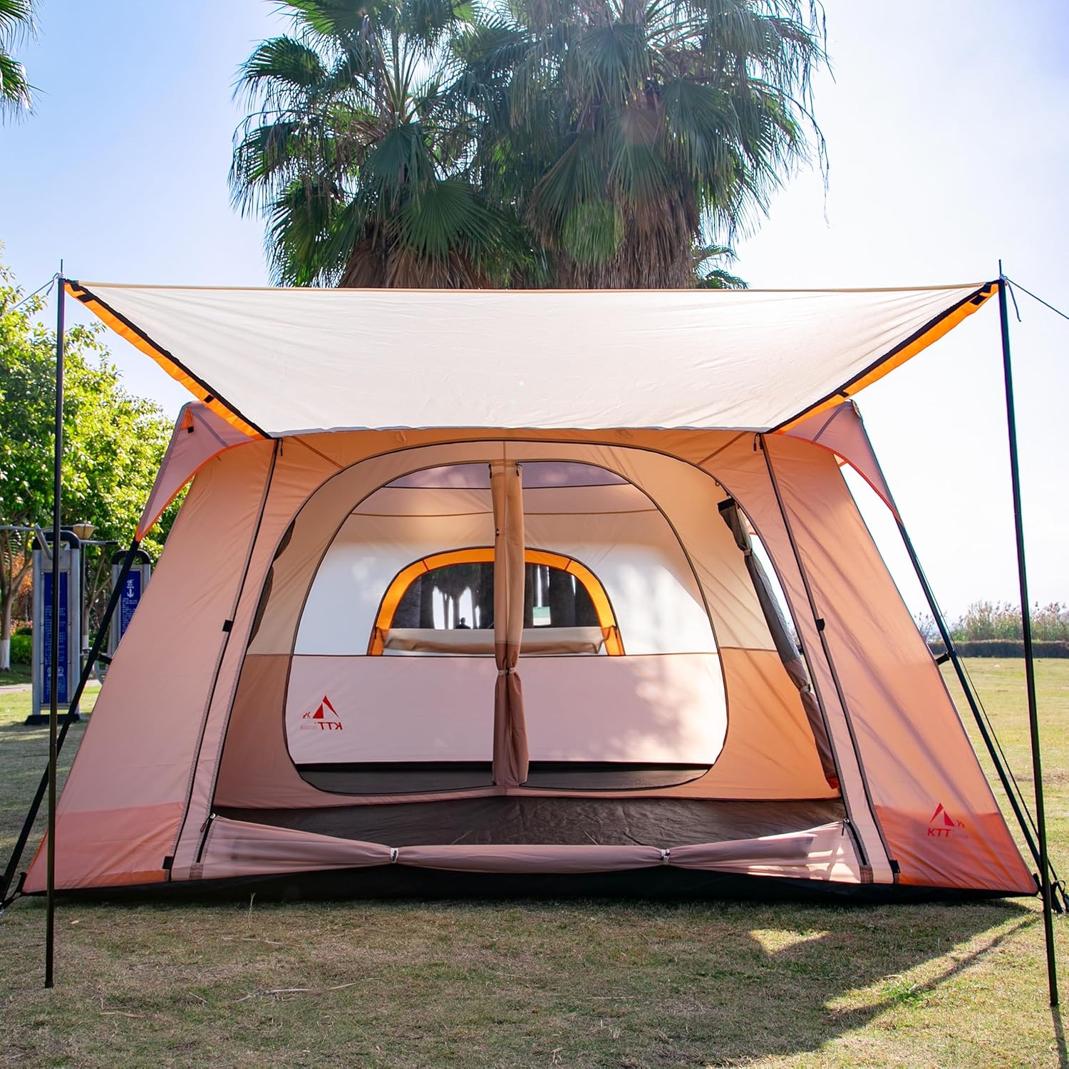 KTT Large Family Cabin Tent 10-12 Person,14.1X10X6.58ft,2 Rooms,3 Storage Pockets,2 Bay-Windows 3 Doors and 3 Windows with Mesh,Straight Wall,Waterproof,Double Layer,Big Tent for Outdoor,Camping