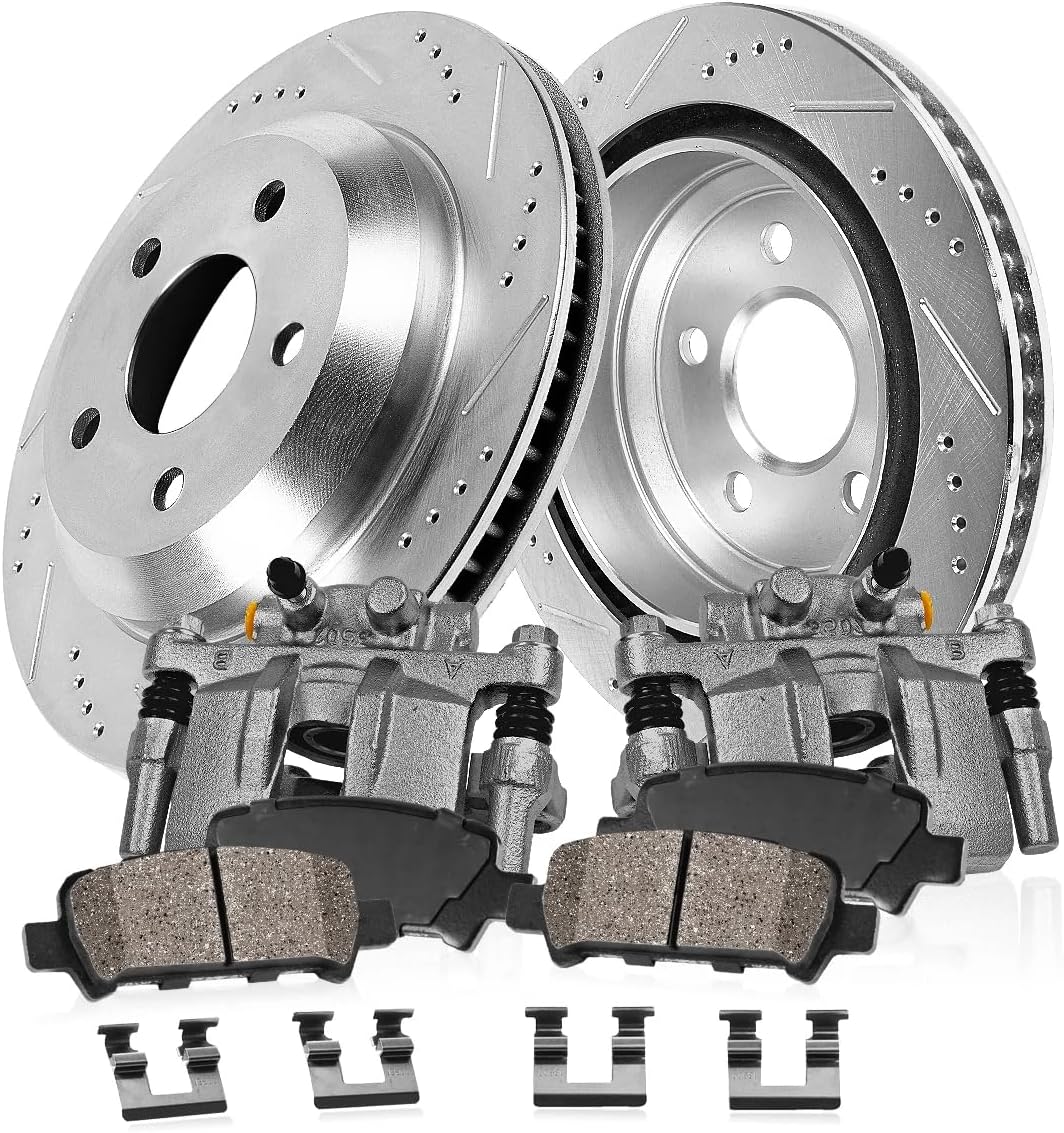 Callahan BRAKE PARTS Rear Calipers and Drilled Slotted Brake Disc Rotors and Ceramic Pads + Hardware Brake Kit For Acura TSX Honda Accord V6 4 Cylinder