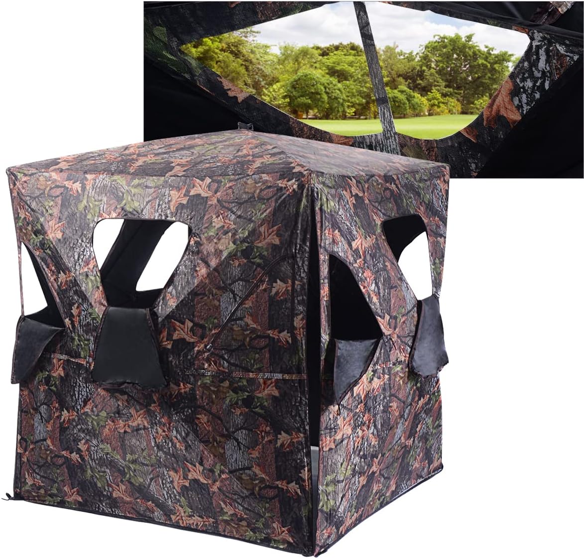 GYMAX Hunting Blind, 360 Degree See Through Ground Blind, 2-3 People Pop Up Deer Blinds, Portable Hunting Tent with Carry Bag