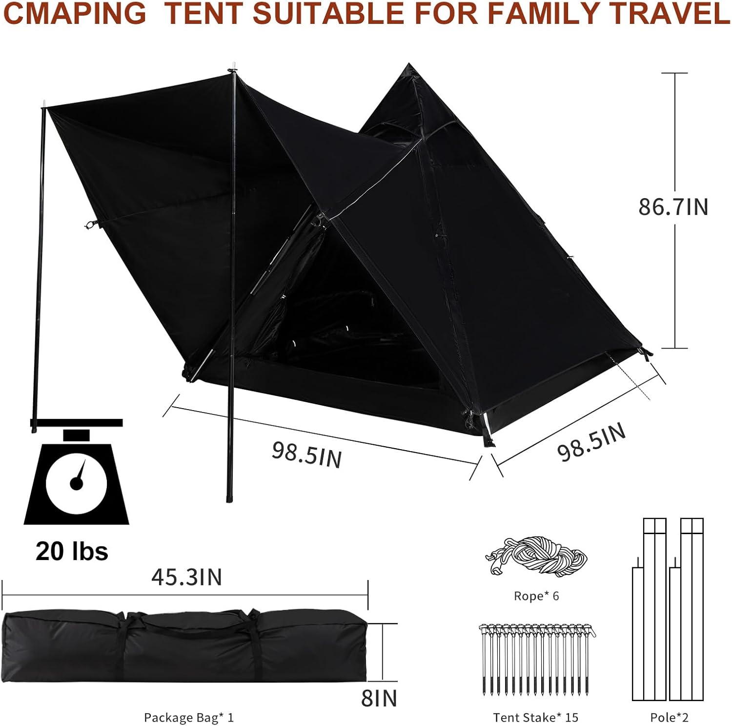 Camping Teepee Tent 2-4 Person Indian Tent Waterproof Instant Pyramid Spire Tents for Outdoor Hiking