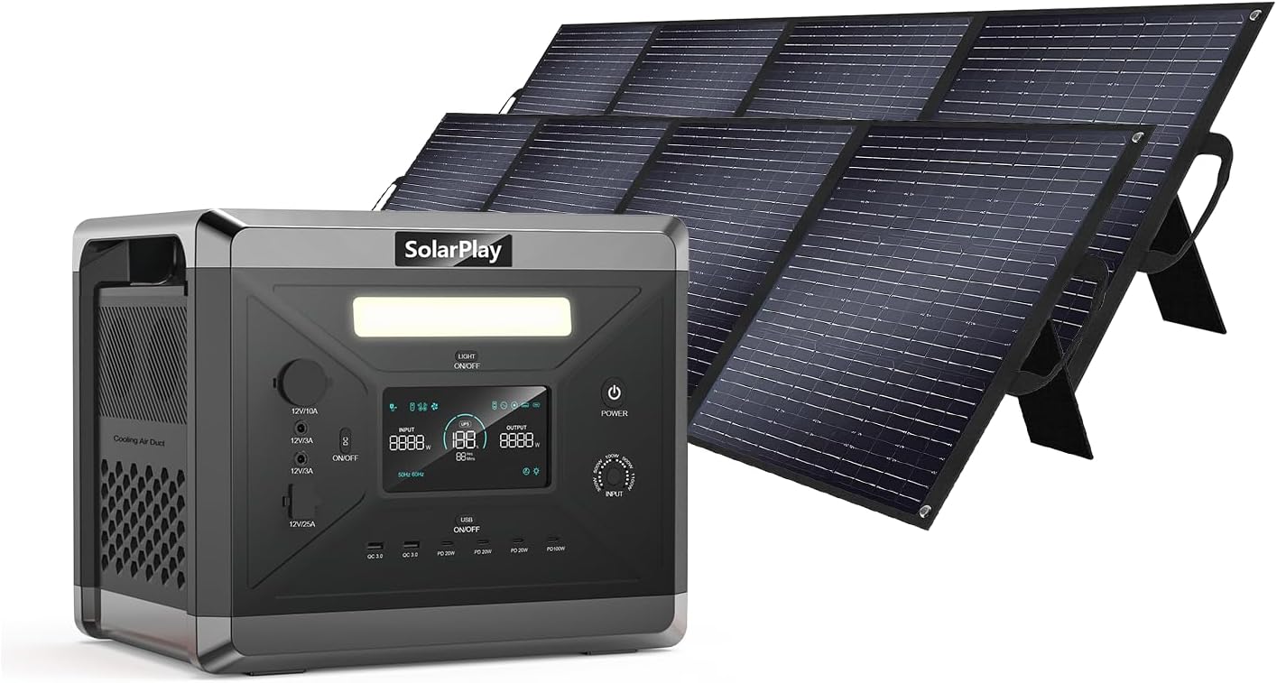 SolarPlay Portable Power Station, 2400W/2160Wh Large Capacity Solar Generator, with 2x200W Solar Panels, 4 AC Outlets (4800W Peak), Emergency Power Station for Home, Camping, Outdoor Battery Backup