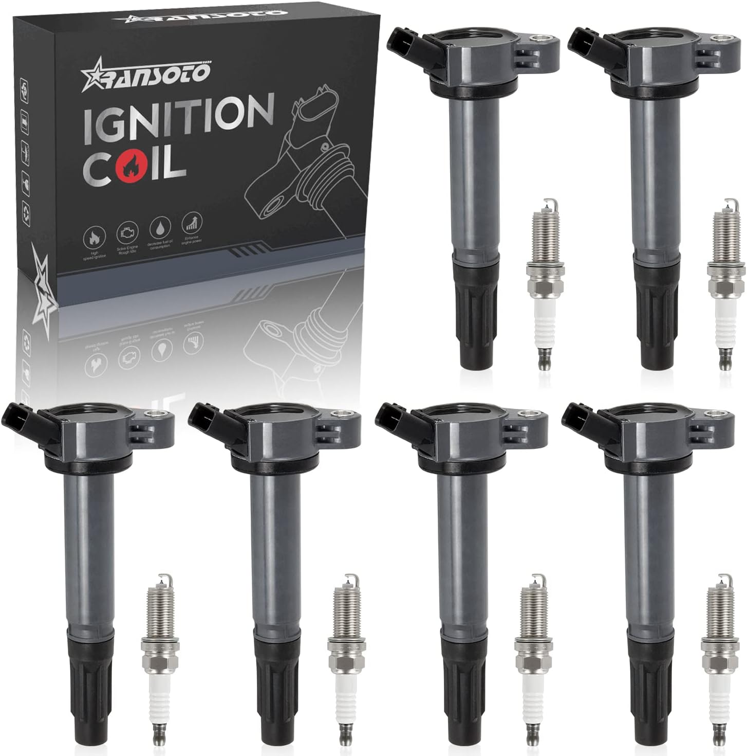 RANSOTO Ignition Coil Pack UF487 & Iridium Spark Plug Compatible with Toyota Sienna Avalon Camry Venza RAV4 Highlander Lexus RX450h ES350 IS350 3.5L 2005-2016 Set of 6