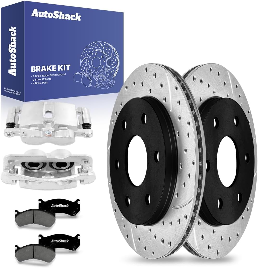 AutoShack Front Drilled & Slotted Brake Rotors Premium Ceramic Brake Pads Calipers | Replacement for Chevrolet Express 1500 2007 GMC Sierra 1500 Classic | E-Coated | 8-PC Brake Kit | ShadowGuard