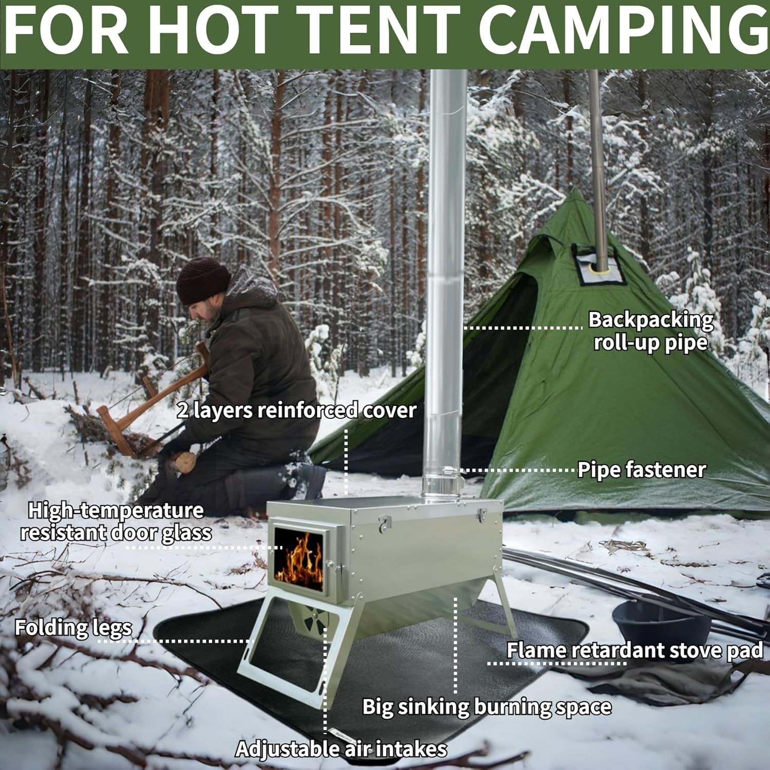 DANCHEL OUTDOOR S7C Wood Stove for Hot Tent, Portable Folding Camping Stove with Insulated Pad & Spark Arrestor, 304 Stainless Steel Collapsible Body for Winter Survival Cooking