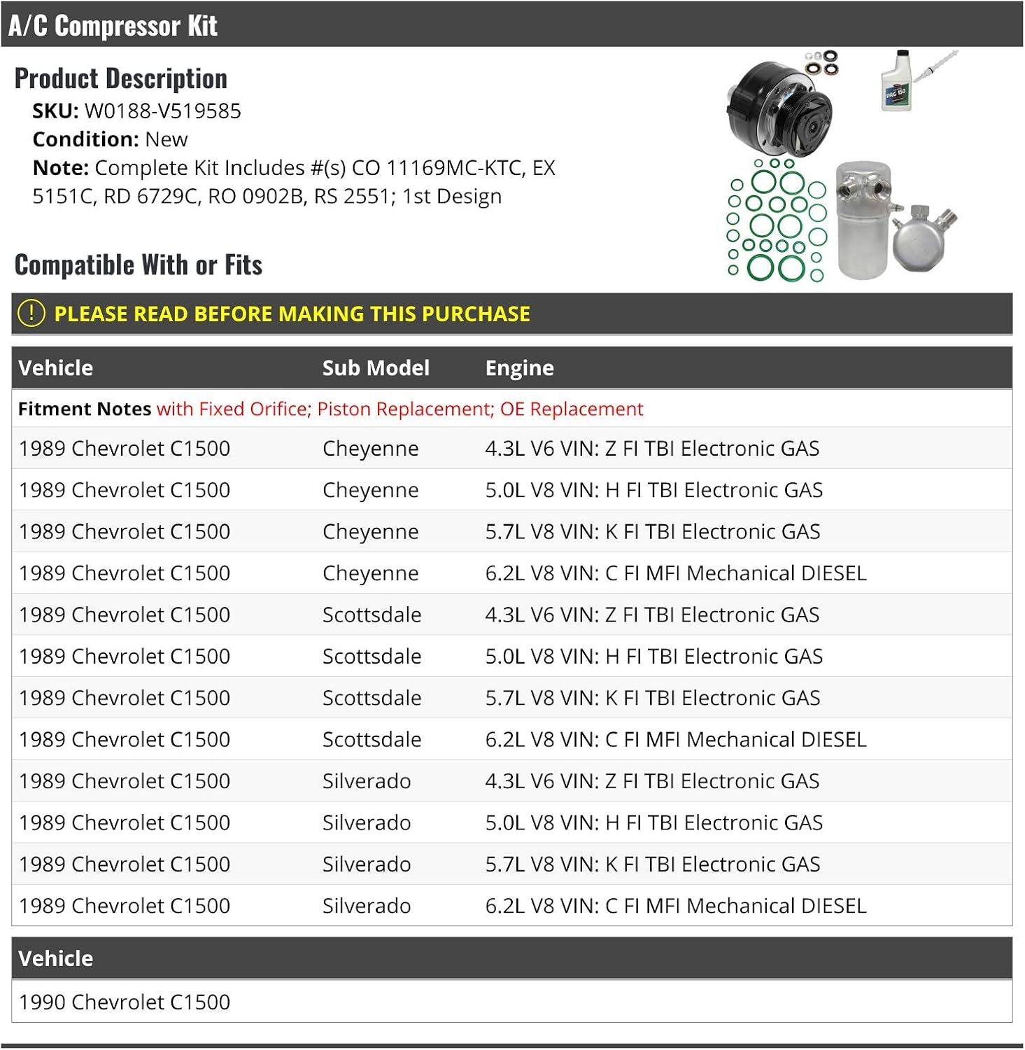 A/C Compressor Kit - Compatible with 1989-1990 Chevy C1500