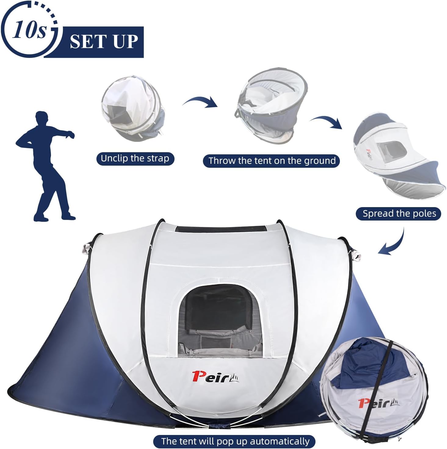 Camping Pop Up Tent, 2-4 Person Automatic Easy Setup Tents, 2 Doors-Instant Popup Family Tents for Camping, Hiking, Traveling