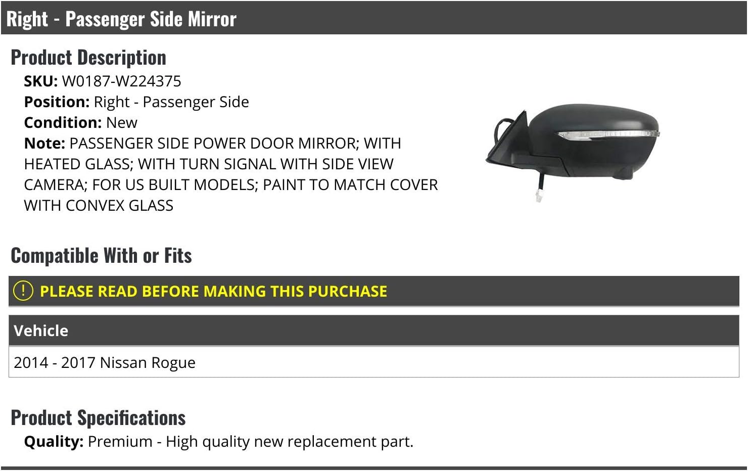 Right Passenger Side Power Mirror, Paint to Match, Convex Glass, Heated Glass, Turn Signal, and Side View Camera-Compatible with 2014-2017 Nissan Rogue (For US Built Models)