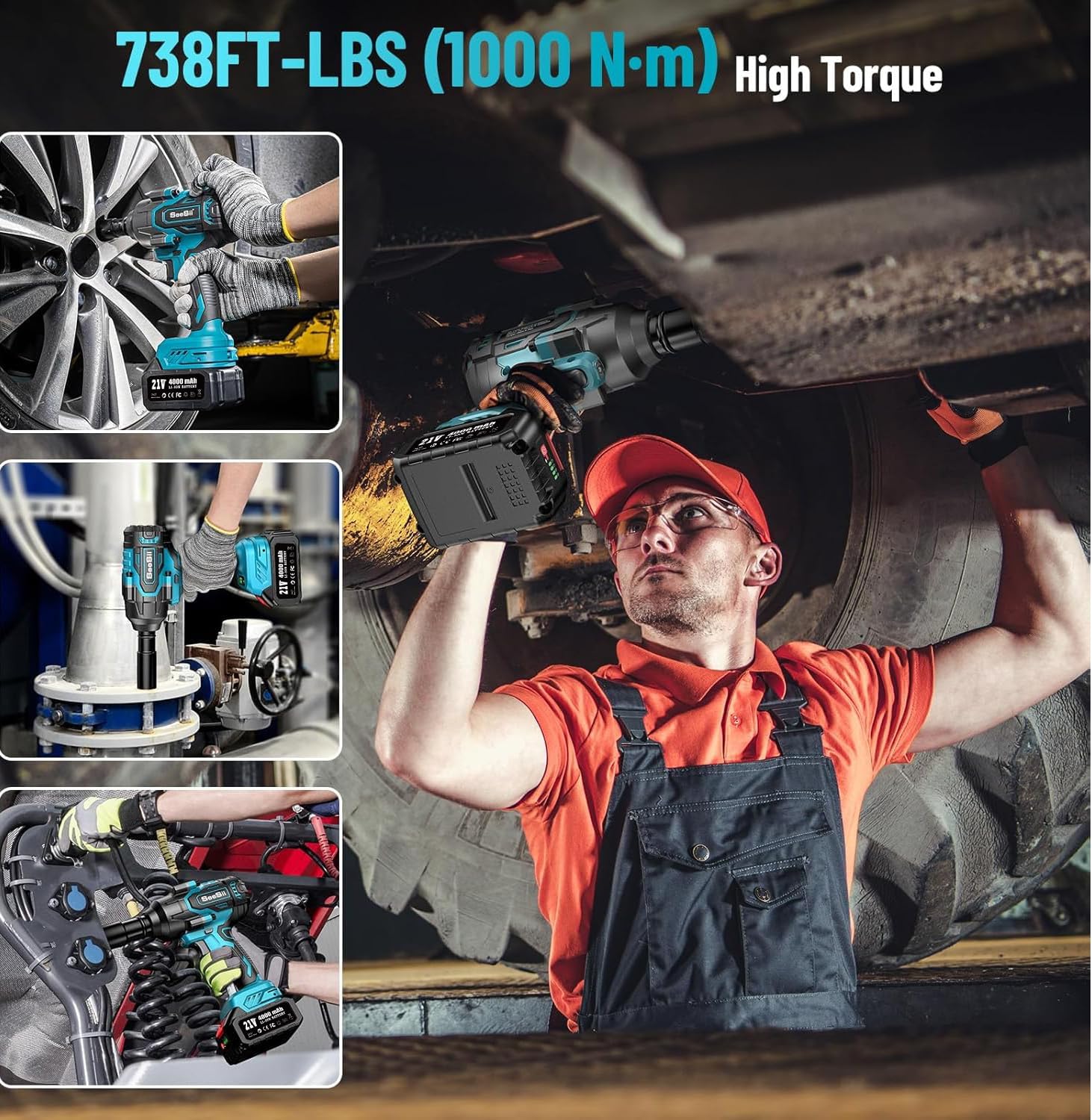 Seesii 1000N.m (738ft-lbs) Cordless Impact Wrench High Torque,1/2