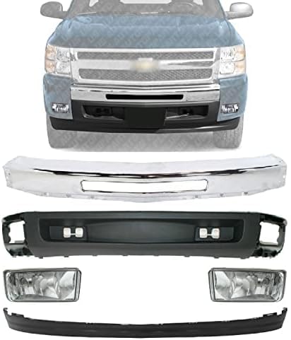 New Front Bumper Chrome + Lower Valance Air Deflector + Extension Textured + Fog Lights Right Passenger & Left Driver Side For 2007-2013 Chevrolet Silverado 1500 All Cab Types Direct Replacement