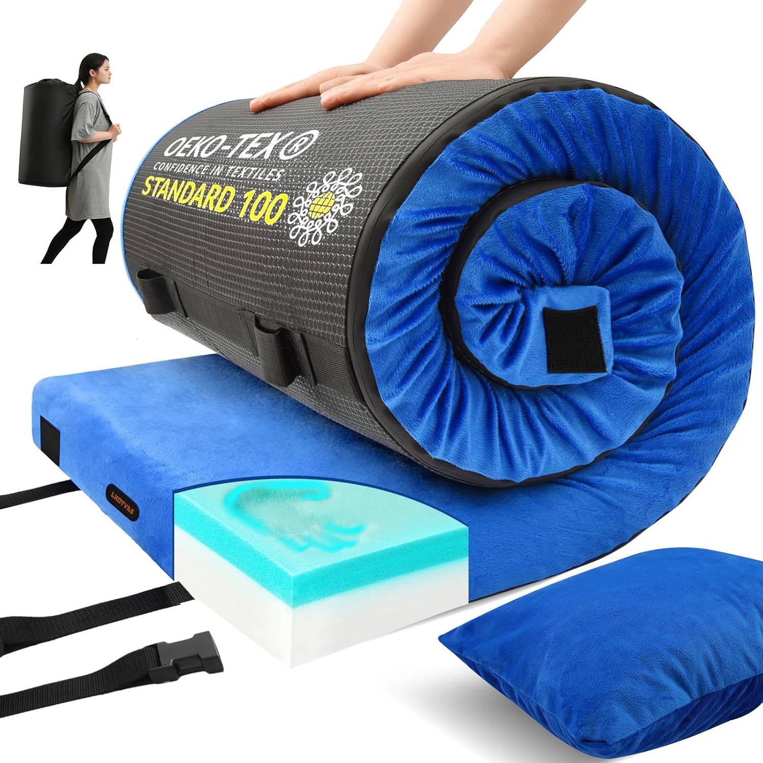 Memory Foam Camping Mattress pad, Comfortable Thick Floor Sleeping Mat for Adults with Waterproof and Non-Slip Bottom, Portable Roll Up Mattress for Sleepover Guest,Cot Mad for Car Camping