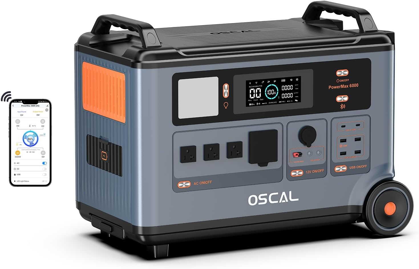 OSCAL PowerMax 6000 Solar Generator with 3×400W Solar Panel, 120V/240V Split Phase Voltage 6000W AC Outlets (7200W Peak), 2200W AC Charging/2400W Solar Charging, Emergency for Home, Battery Backup