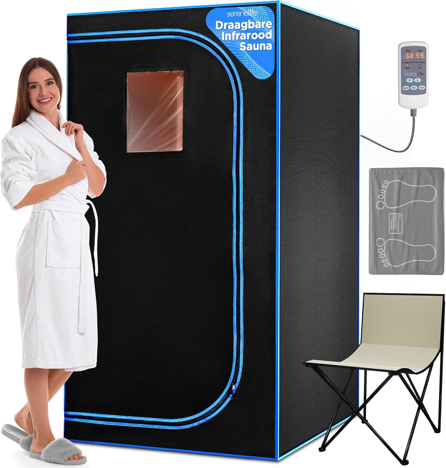 SereneLife Portable Sauna Box for Home, Infrared Sauna Tent with Heated Foot Pad and Folding Chair, Remote Control In-Home Spa, 35