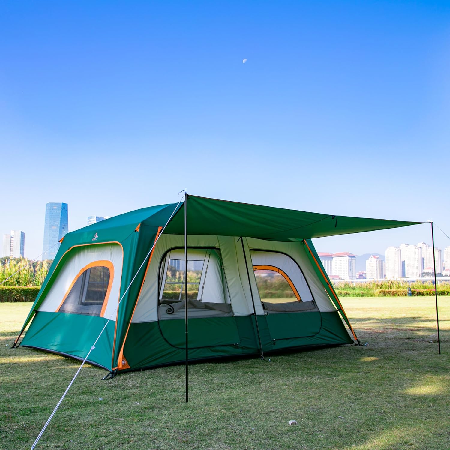 KTT Large Family Cabin Tent 10-12 Person,14.1X10X6.58ft,2 Rooms,3 Storage Pockets,2 Bay-Windows 3 Doors and 3 Windows with Mesh,Straight Wall,Waterproof,Double Layer,Big Tent for Outdoor,Camping