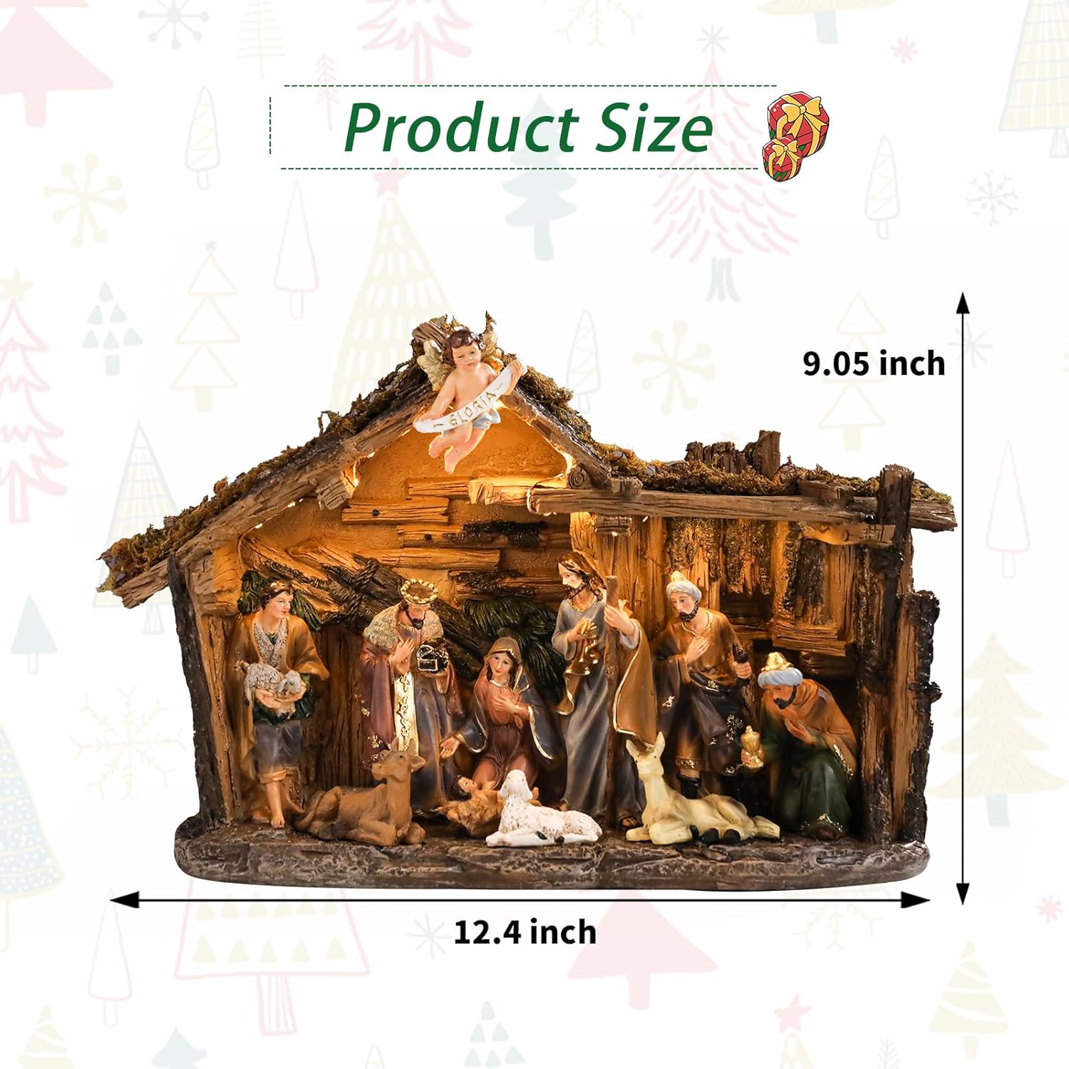 Christmas Nativity Set 9.5 Inch Village with LED Lights Figurine Nativity Music 3AA Batteries Interior Display Figurines Decorate Interior Room Tabletop Decor