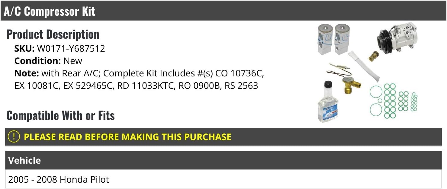 A/C Compressor Kit - Compatible with 2005-2008 Honda Pilot with Rear AC