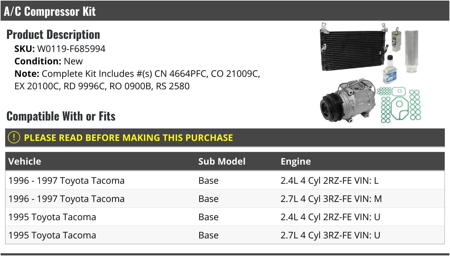 A/C Compressor Kit with Condenser - Compatible with 1995-1997 Toyota Tacoma Base