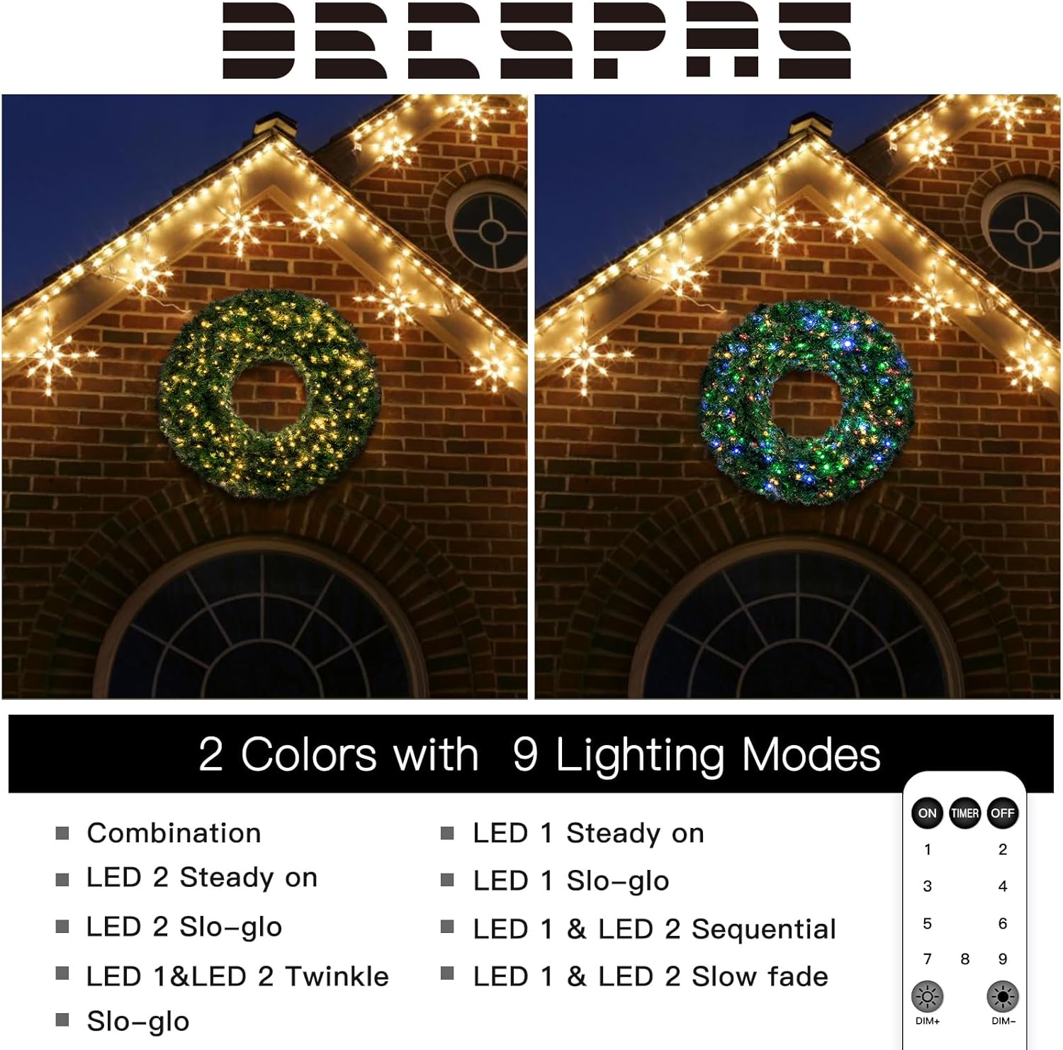 Large Outdoor Christmas Wreath, DECSPAS 5FT 60 inch Wreaths with 270 Color Lights, Pre-lit Plug-in Xmas Wreath, Christmas Decorations with 9 Modes Lights Remote Adapter for Home