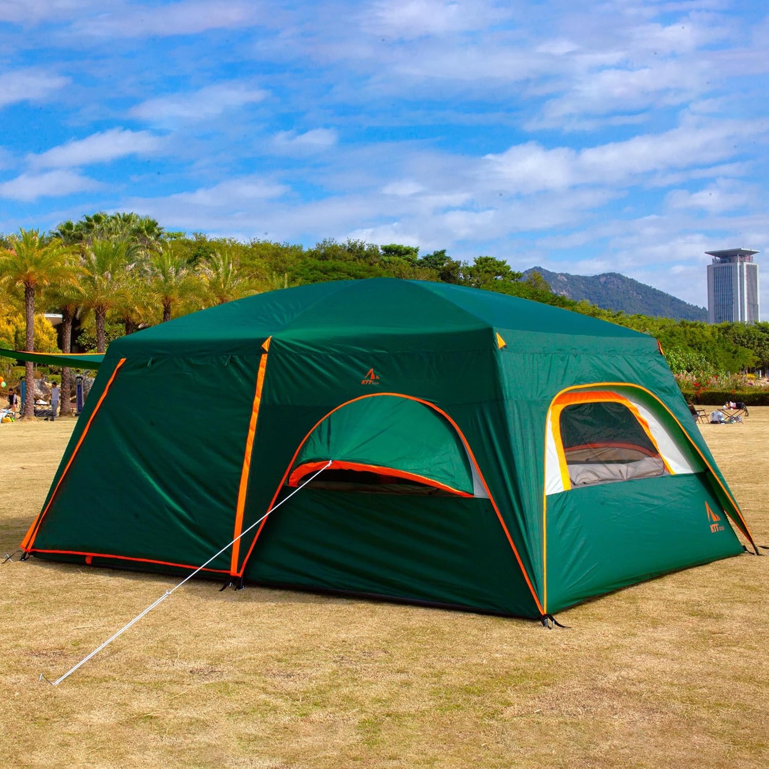 KTT Large Family Cabin Tent 10-12 Person,14.1X10X6.58ft,2 Rooms,3 Storage Pockets,2 Bay-Windows 3 Doors and 3 Windows with Mesh,Straight Wall,Waterproof,Double Layer,Big Tent for Outdoor,Camping