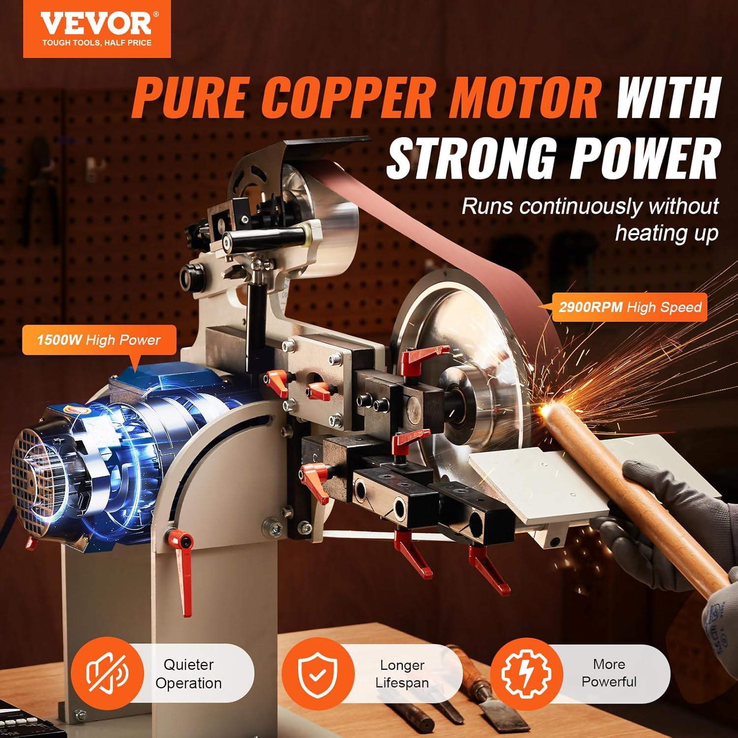 VEVOR Belt Grinder Sander, 72 x 2-Inch Variable Speed Belt Polisher with VFD, 1500W Knife Sharpener with 3 Grinding Moulds & 3PCS Sanding Belts for Metalworking, Compatible with 72