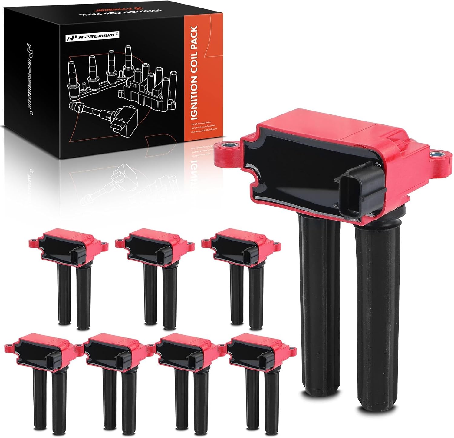 A-Premium (Red) Engine Ignition Coil Pack Compatible with Ram 1500 2500 3500 & Jeep Grand Cherokee, Wrangler, Commander & Dodge Ram 1500, Charger, Durango, Challenger, Magnum & Chrysler 300, 8-PC Set