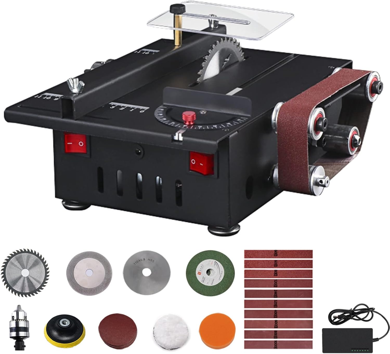 Micro Desktop Cutting Machine, 2 and 1 Belt Grinder, Cutting Depth:30mm,Adjustable Speed: 0-6000r/min (7-level), with 4 Pcs of Sanding Heads, for DIY Crafts