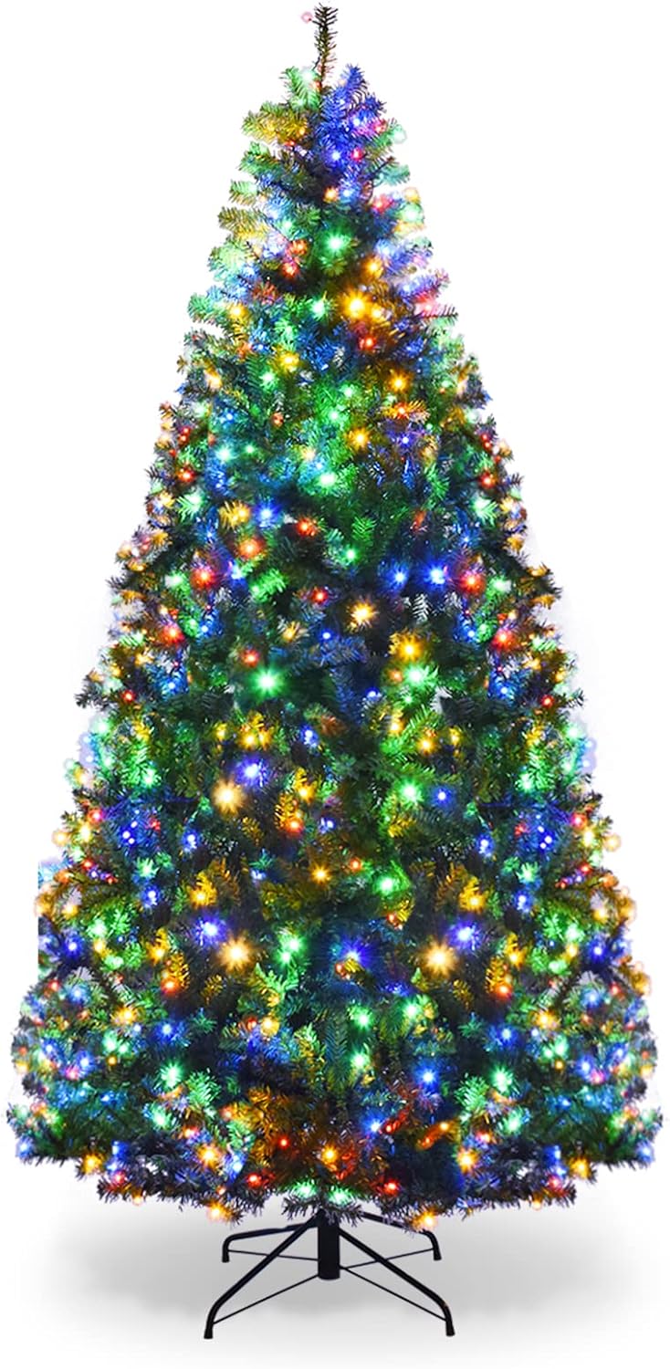 7 FT Pre-Lit Artificial Christmas Tree, First Traditions Decoration w/ 500 Dual-Colored LED Lights, 11 Flash Modes, 1570 PVC Branch, Foldable Metal Base, Hinged Xmas Tree for Home Holiday Party