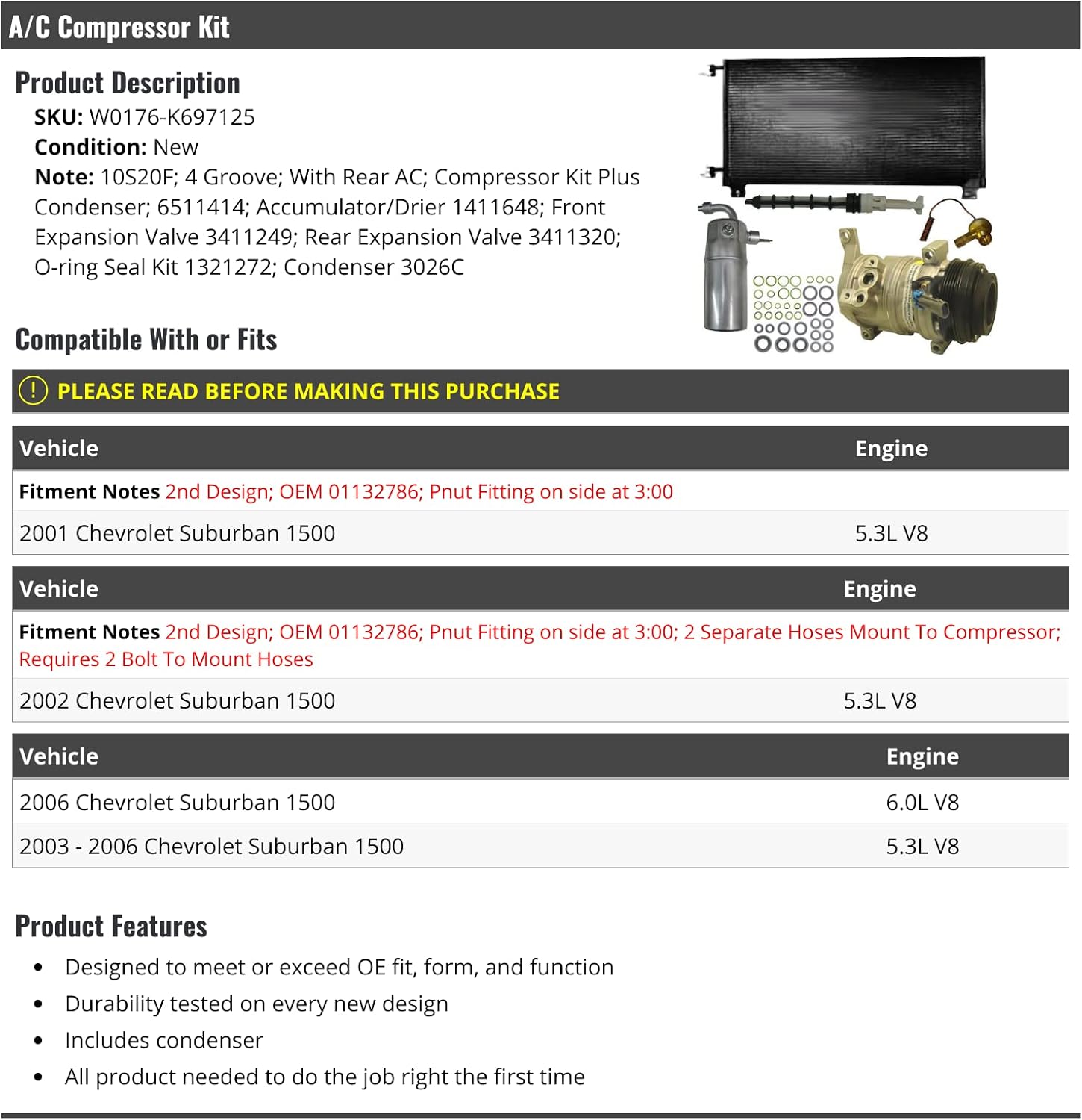 A/C Compressor Kit - Compatible with 2001-2006 Chevy Suburban 1500 with Rear AC (2001-2002 Models with 2nd Design)