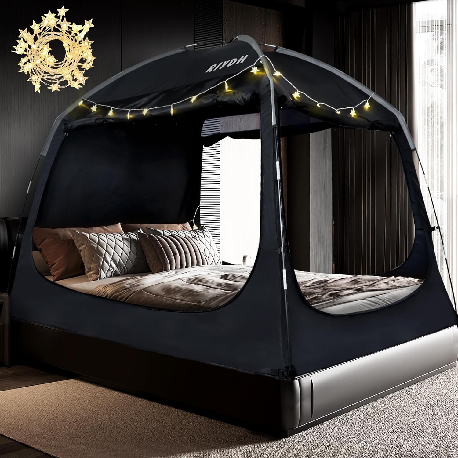 Bed Tent Bed Canopy Breathable 100% for Adult and Kids- Original Design Light Reduction 80% Sleeping Dream Tents Indoor Portable Big Space with String Light 3 Doors Twin Full Queen King Size