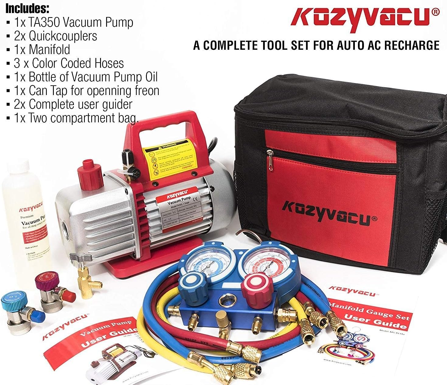AUTO AC Repair Complete Tool Kit with 1-Stage 3.5 CFM Vacuum Pump, Manifold Gauge Set, Hoses and its Acccessories