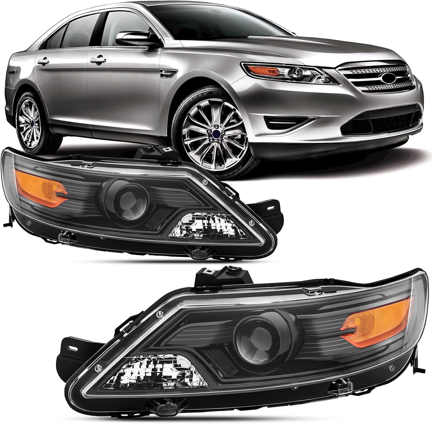 Headlights Assembly Compatible With 2010 2011 2012 Ford Taurus Halogen Replacement Head Light, Driver and Passenger Side,Pair Chrome Housing Amber Side For Ford Taurus 10 11 12 SE SEL