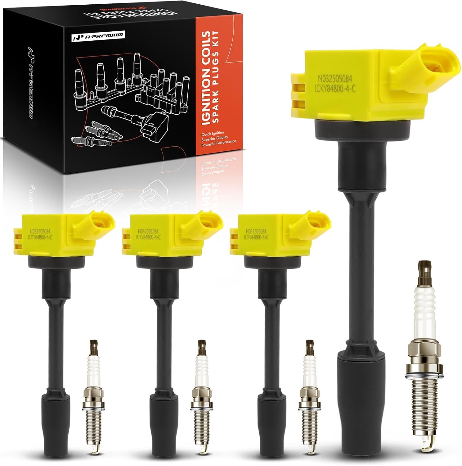 A-Premium Yellow Set of 8 Ignition Coil Pack and Iridium Spark Plugs Compatible with Toyota Camry 2018-2024, RAV4 2019-2024, Corolla 2019-2022 & Lexus ES250 2021-2024, NX250 2022-2023