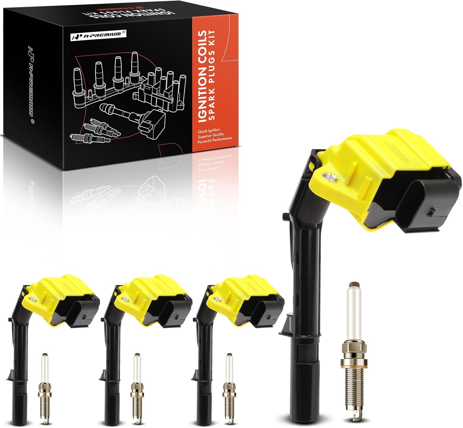 A-Premium (Yellow) Set of 8 Ignition Coil Pack and Iridium Spark Plugs Compatible with Mercedes-Benz C300, C350e, E300, Sprinter 1500 2500 3500, GLC300, GLA250, SLK300 & Infiniti Q50, Q60, QX30, 2.0L