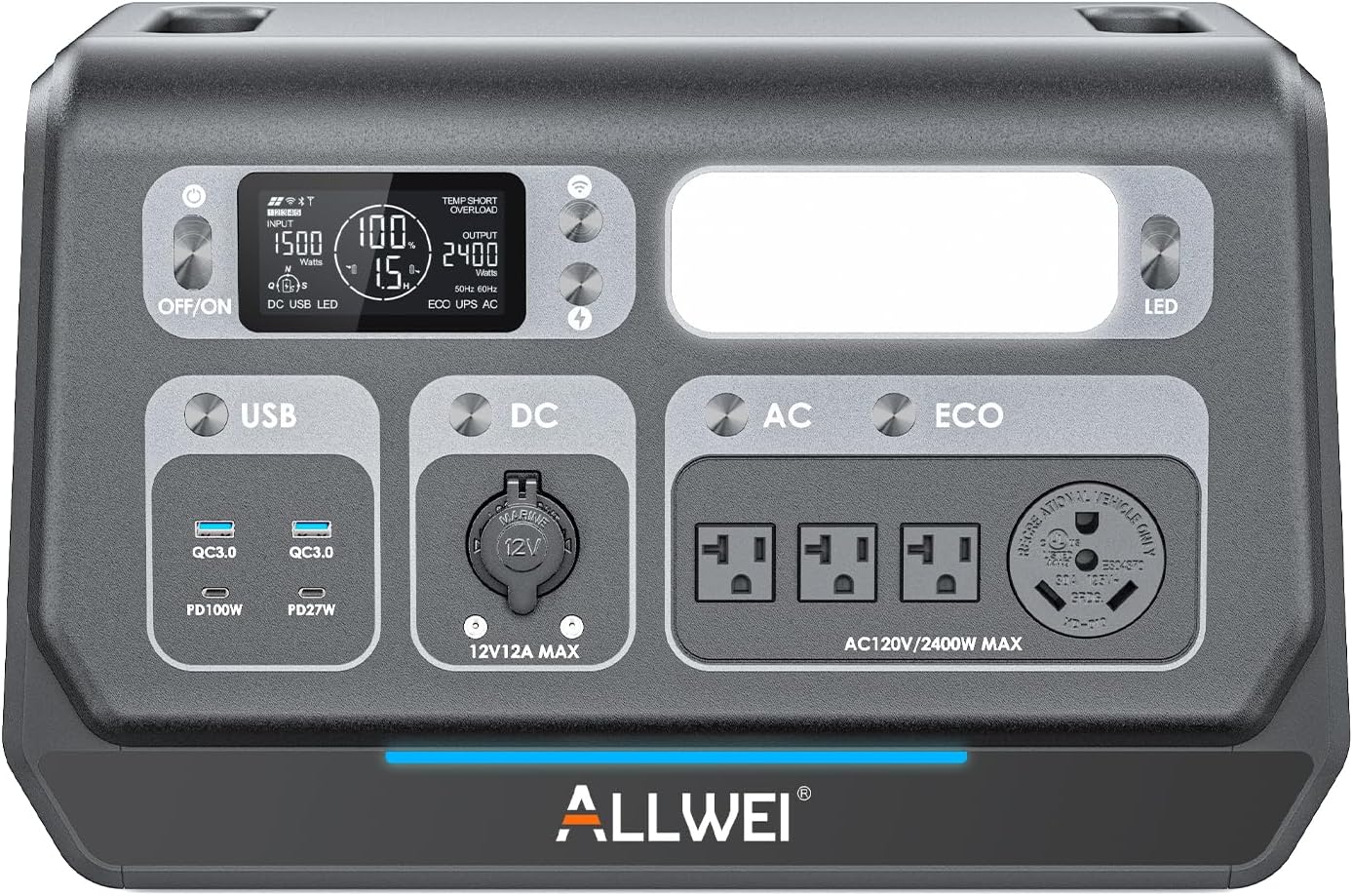 ALLWEI Portable Power Station 2400W(Surge 4800W), 2048Wh LiFePO4 Battery, Solar Generator with UPS, Full Charge in 1.5Hrs, 4 AC Outlets, Generator for RV Outdoor Camping Off-grid Outdoor Home Backup