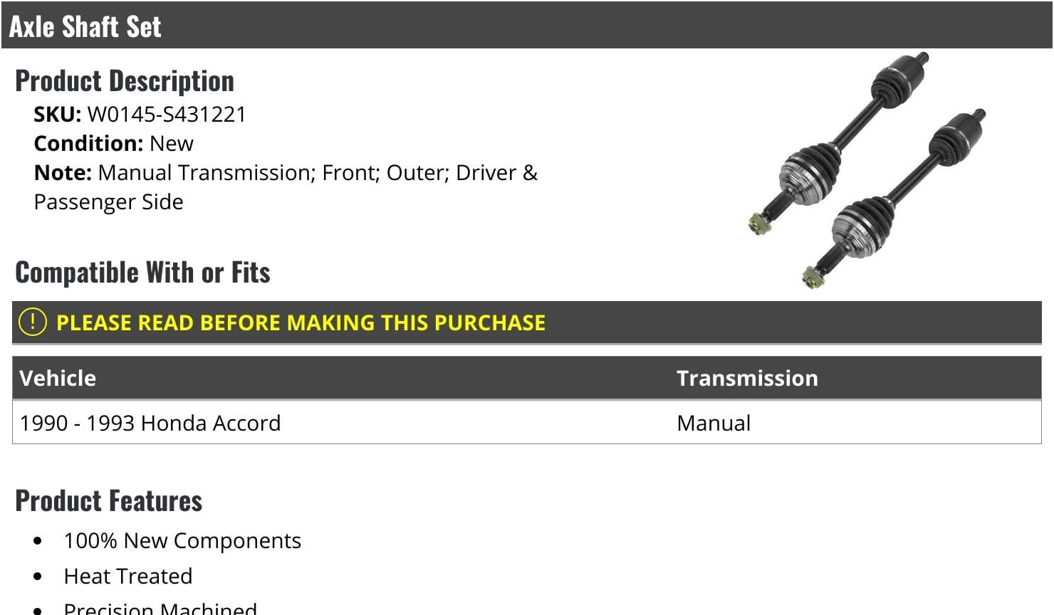 Front CV Axle - Set of 2 - Compatible with 1990-1993 Honda Accord Manual Transmission