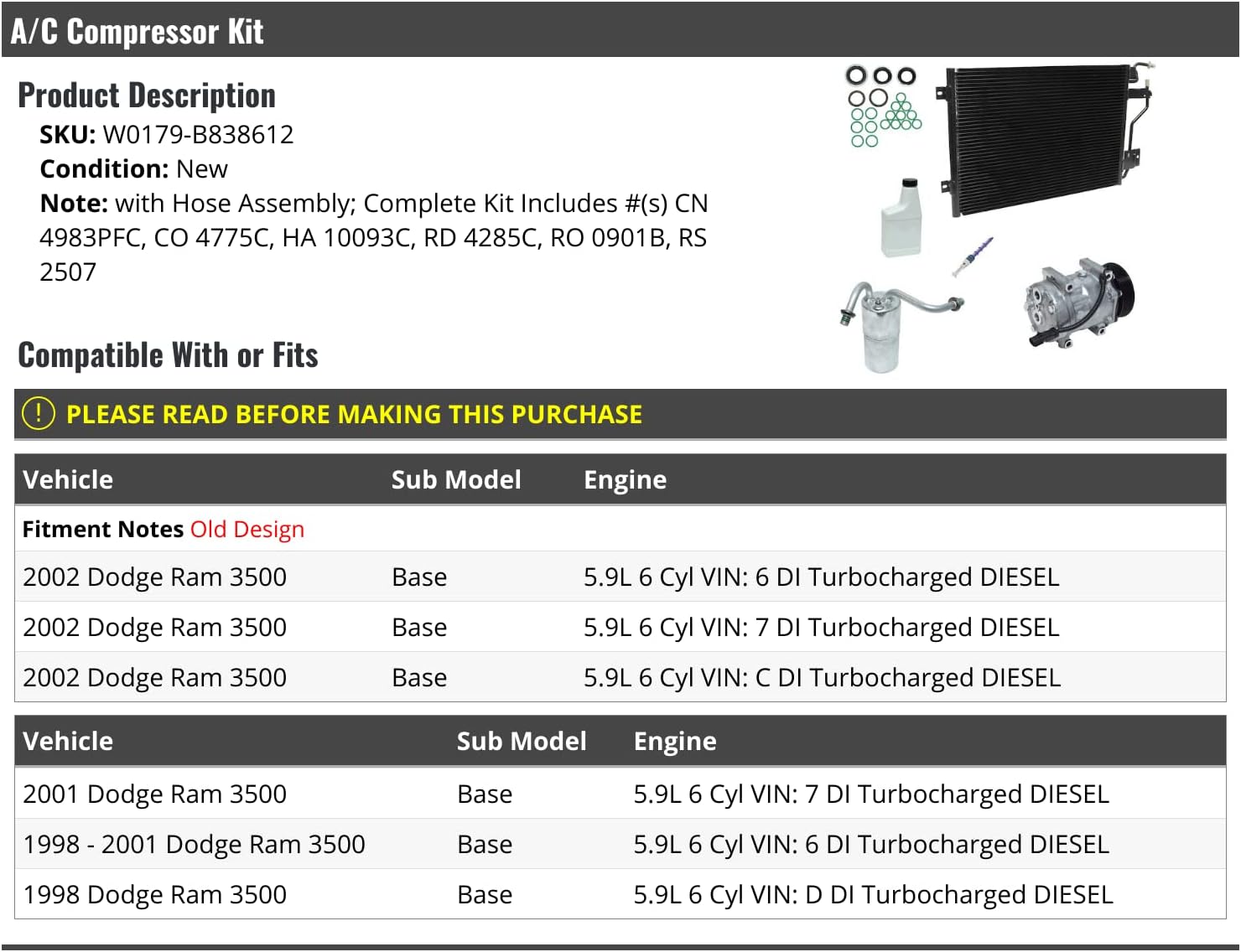 A/C Condenser and Compressor Kit - with Hose Assembly - Compatible with 1998-2002 Dodge Ram 3500 Base 5.9L 6-Cylinder Turbo Diesel