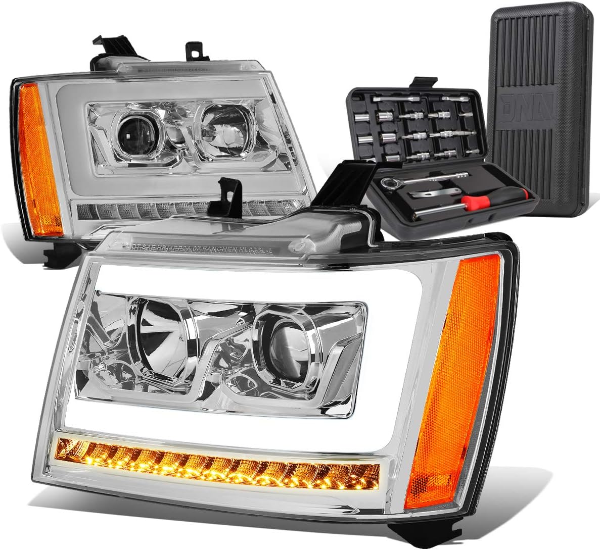 Auto Dynasty Sequential LED DRL Projector Chrome Amber Corner Headlights+Tool Kit Compatible with Tahoe Suburban 1500 2500 07-14