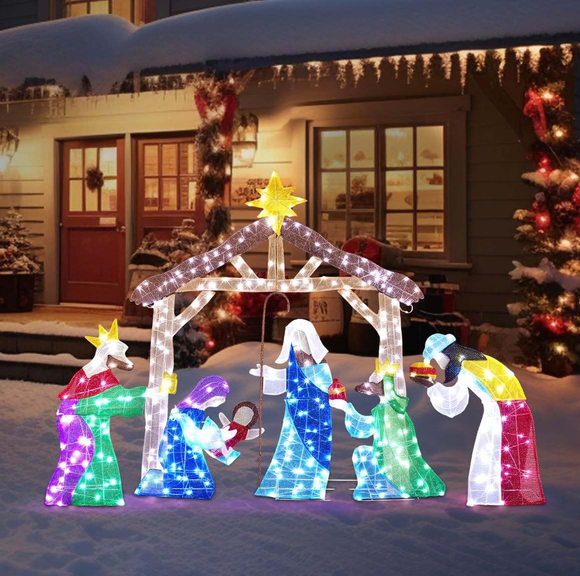 VINGLI 5FT Nativity Scene for Outdoor Christmas Decorations, Lighted Large Nativity Set for Yard Decor, Xmas Holy Family Set for Yard Lawn Garden with Ground Stakes, Zip Ties