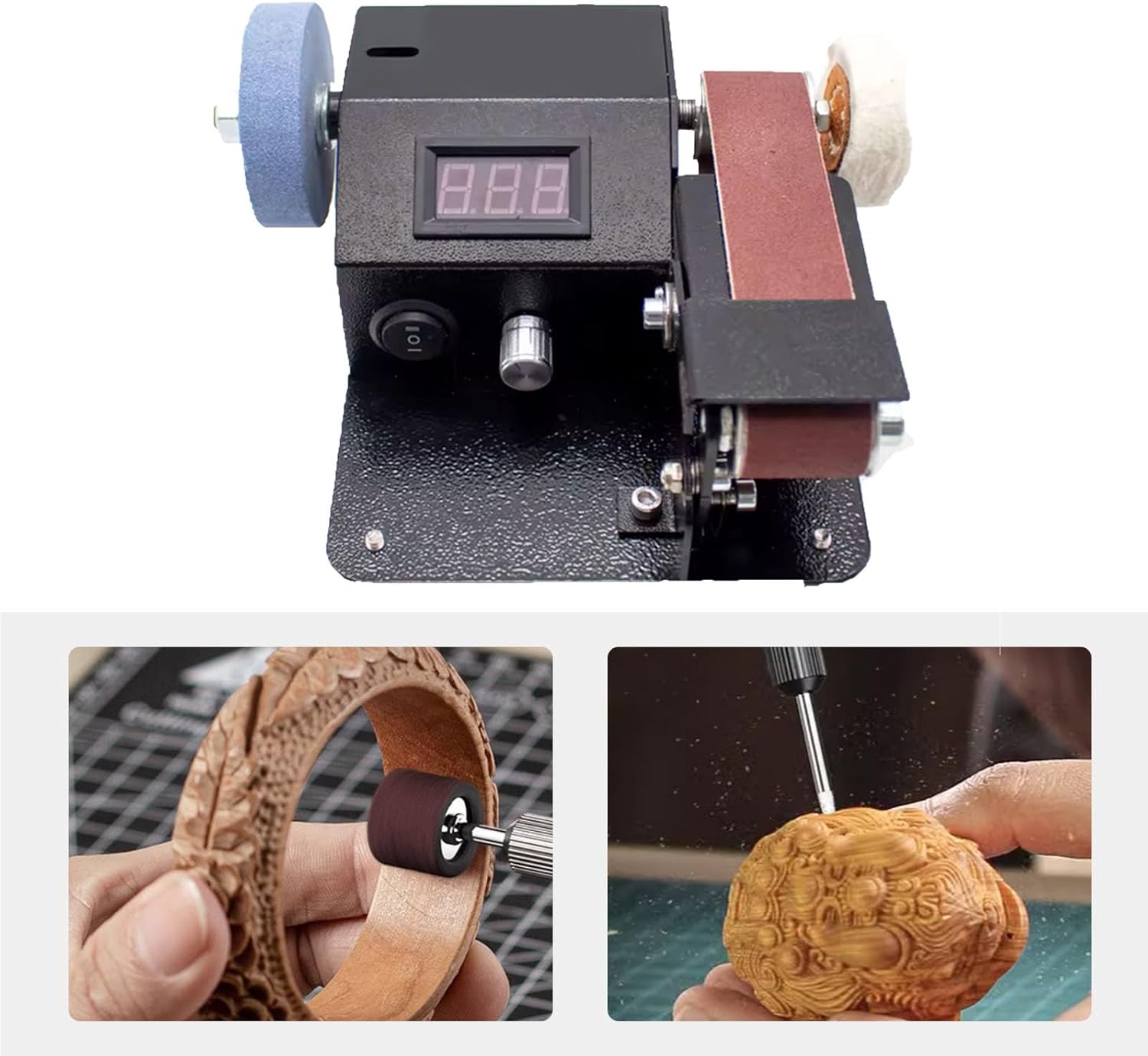 DIY Mini Belt Sander Electric, Desktop Sanding Machine Sharpening Tool Precise Speed Control for DIY, Crafts, and Precision Sanding,Package 4
