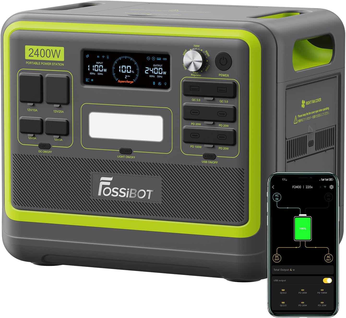 FOSSiBOT F2400 Portable Power Station 2400W, 2048Wh LiFePO4 Battery Backup/6 x 110V AC 2400W Outlets (4800W Peak), 16 Ports, 1.5H Fast Charging, LED Solar Generator for Home Use Camping RV Emergency
