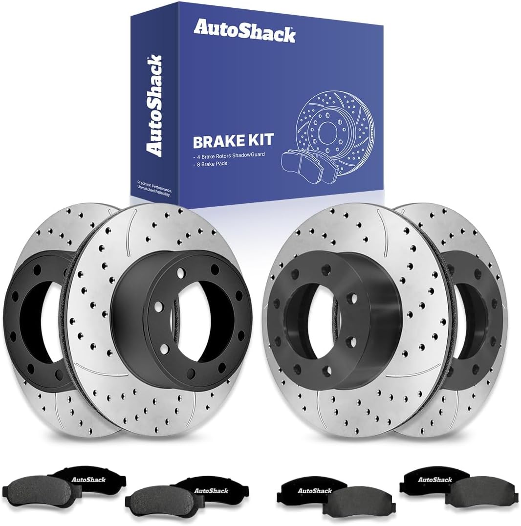 AutoShack Front & Rear Drilled & Slotted Brake Rotors Ceramic Brake Pads | Replacement for 2008 2009 2011 2012 Ford F-250 Super Duty 6.2L 6.4L 6.7L 4WD | E-Coated | 12-PC Brake Kit | ShadowGuard