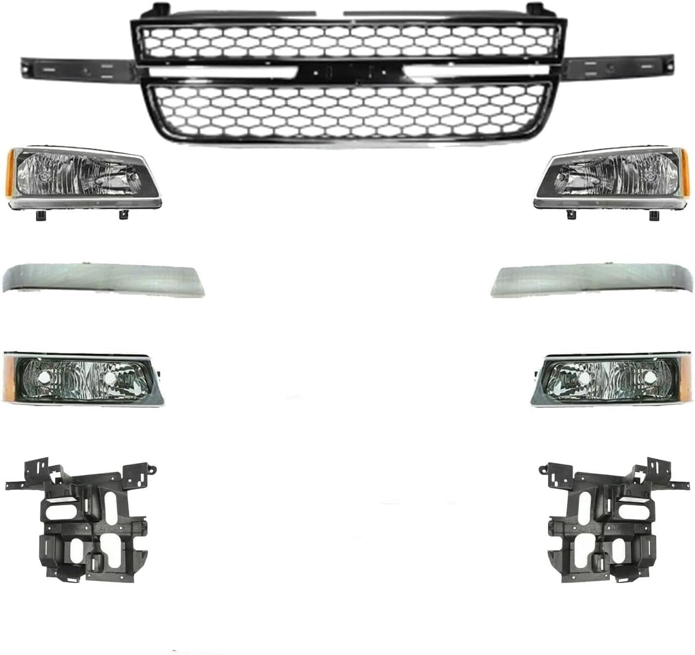New Front Grille + Chrome Moldings + Signal Lights and Head Lights+ Support Brackets Right & Left Side Direct Replacement For Chevrolet Silverado 2500HD 3500 2003-2006