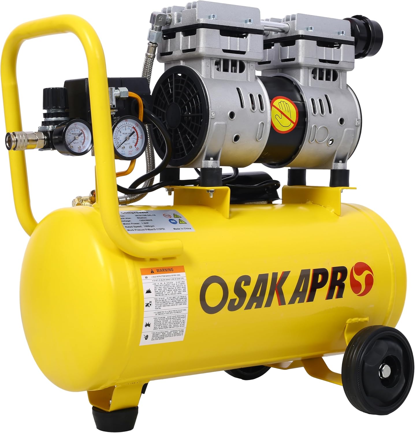 1.5HP Silent Oil-Free Air Compressor, 8 Gallon Portable With Wheels, 70 DBA, Auto Drain(Yellow)