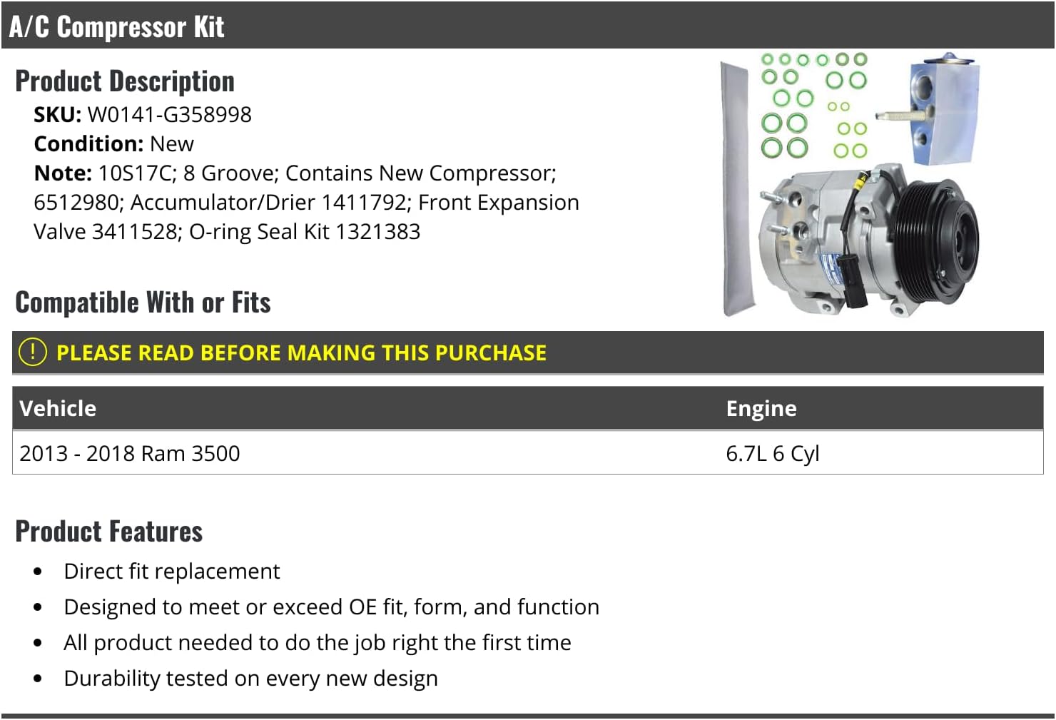 A/C Compressor Kit - 8-Groove - Compatible with 2013-2018 Ram 3500 6.7L 6-Cylinder Diesel